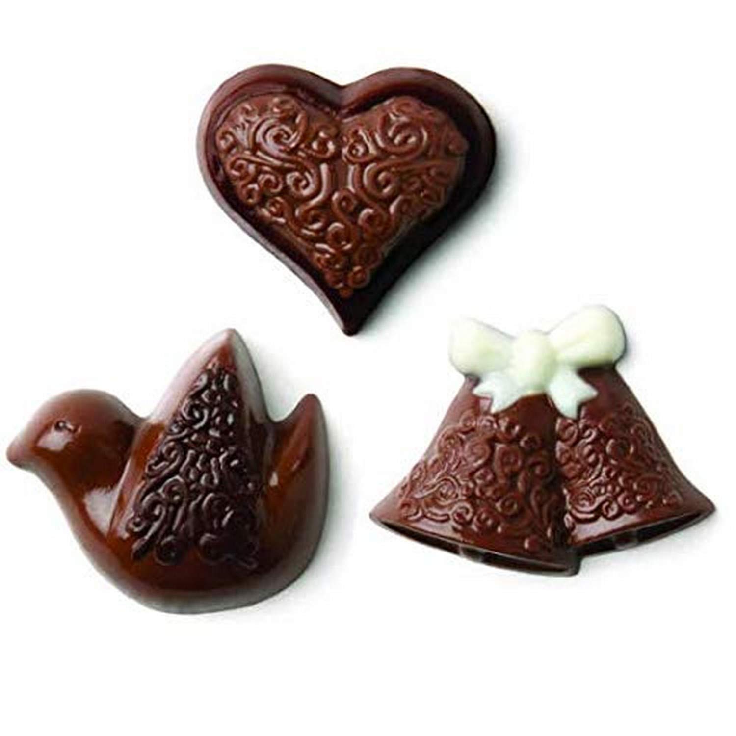 CybrTrayd Z0256 Lot de 6 mini moules à chocolats en forme de colombe, cœur et cloche Instructions incluses (français non garanti) Transparent