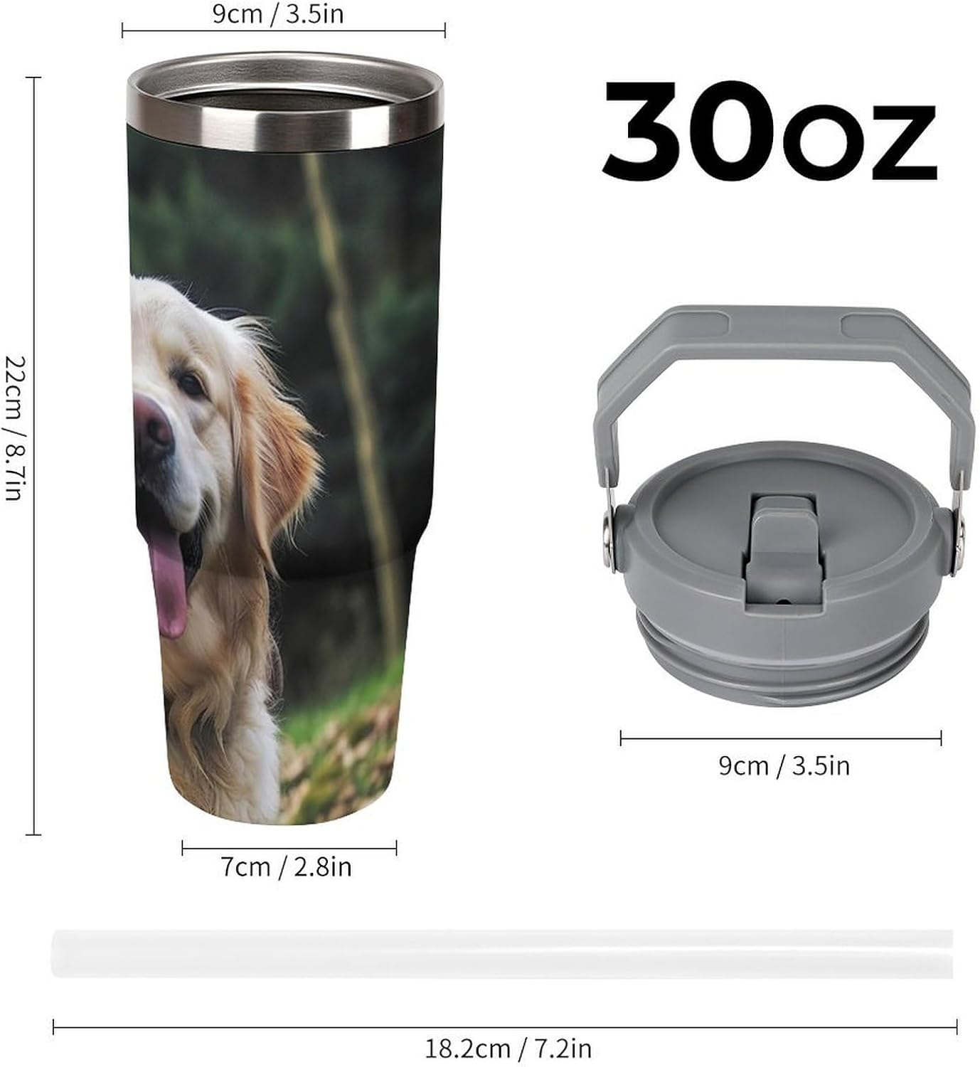 30oz Insulated Tumblers with Top Handle, Stainless Steel Funny Golden Retriever Car Cup with Straw for Gift, Leak-Proof Double Wall Vacuum Travel Mug, Personalized Water Bottles White