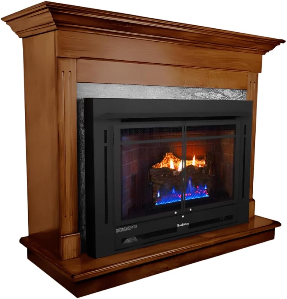 Buck Stove Dark Oak 34 ZC Contemporary | 33,000 BTU Heating | Vent-Free Natural Gas Fireplace | Blower and Prestige Charming Mantel