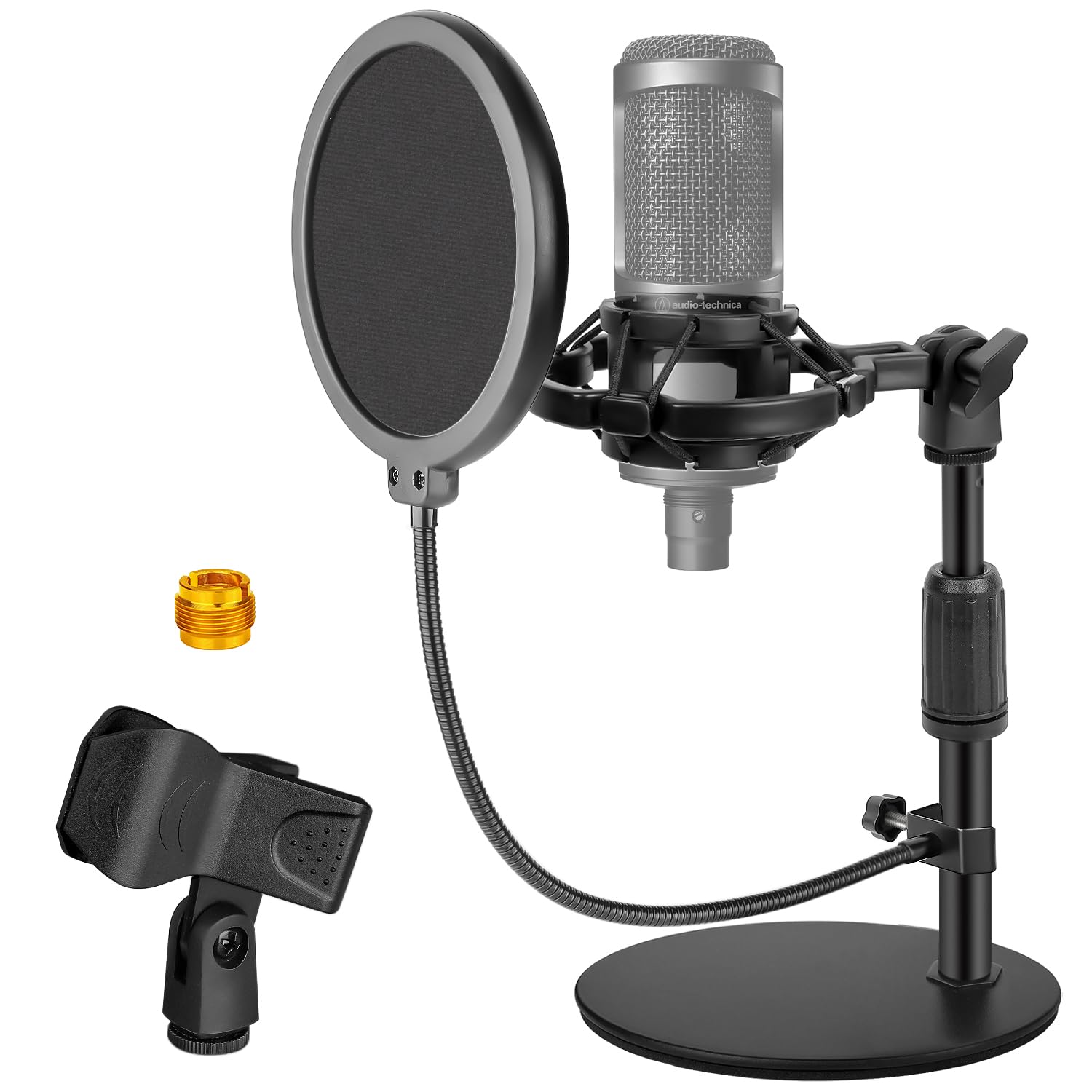 Support de microphone de bureau réglable avec pied en métal stable, support antichoc, coupe-vent, pince de microphone et adaptateur pour microphone AT2020, HyperX QuadCast, Blue Yeti, Shure