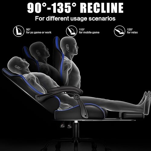 Miniatura 7 de Silla para videojuegos, silla ergonómica para computadora de oficina con reposapiés y soporte lumbar, masajeador estilo carreras, respaldo alto,
