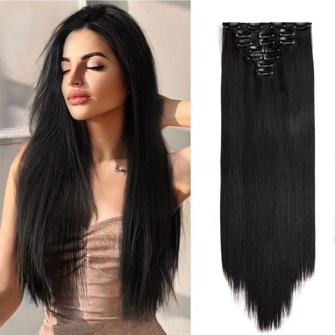 Swy Hair Clip in Hair Extensions Body Wave 22 inches 7Pcs 150g Straight Hair Synthetic Hair Extensions (S-Natural3 Black3, Straight)