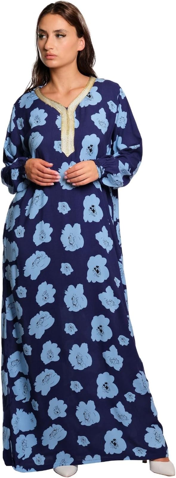 GenericCotton Roses Design Jalabiya with Lace Neck Women cotton jalabiya women cotton casual dress bsz fashion