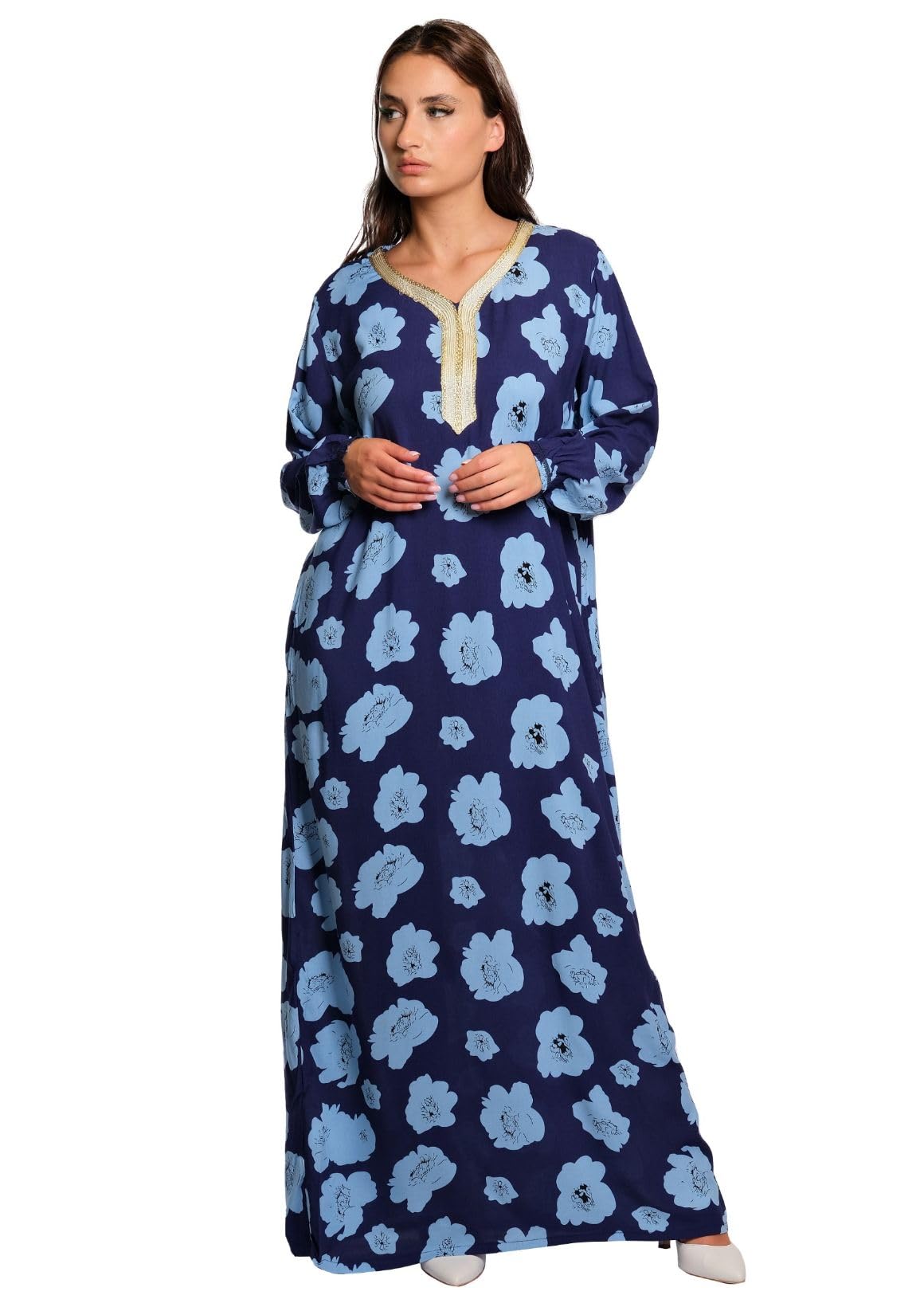 GenericCotton Roses Design Jalabiya with Lace Neck Women cotton jalabiya women cotton casual dress bsz fashion