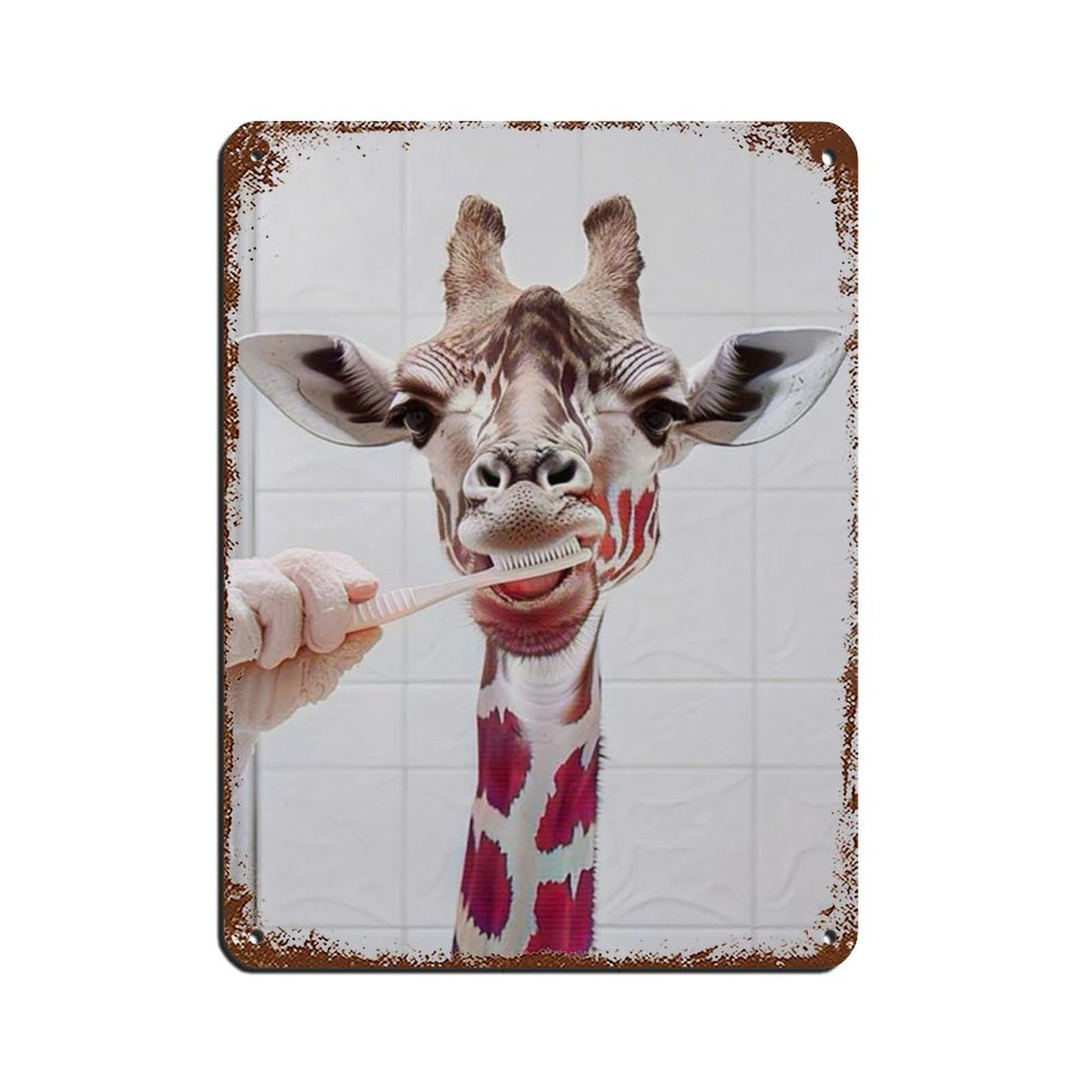 Giraffe Brushing Teeth, Hilarious Bathroom Art Tin Sign Vintage Metal Pub Club Cafe Bar Home Wall Art Decoration Poster Retro 12x16inch(30x40cm)