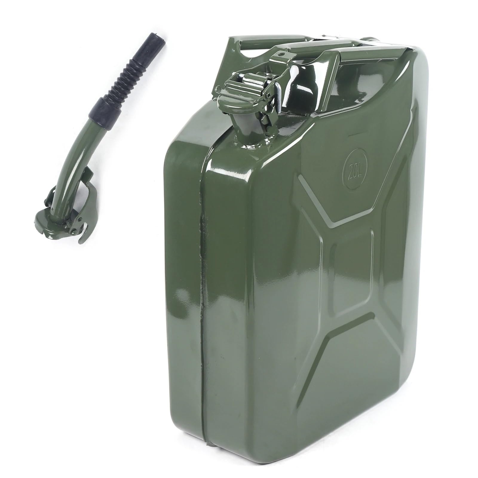 Benzinkanister 20-Liter-Benzinkanister aus Metall, grün, mit Kraftstoffbehälter und Ausgießsystem, Benzineimer aus kaltgewalztem Blech, Benzintank, Dieselkanister