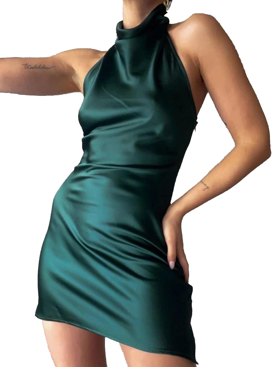 xxxiticat Women's Halter Neck Mini Satin Dress Elegant Wedding Party Club Sleeveless Backless Split Hem Bodycon Slip Dresses