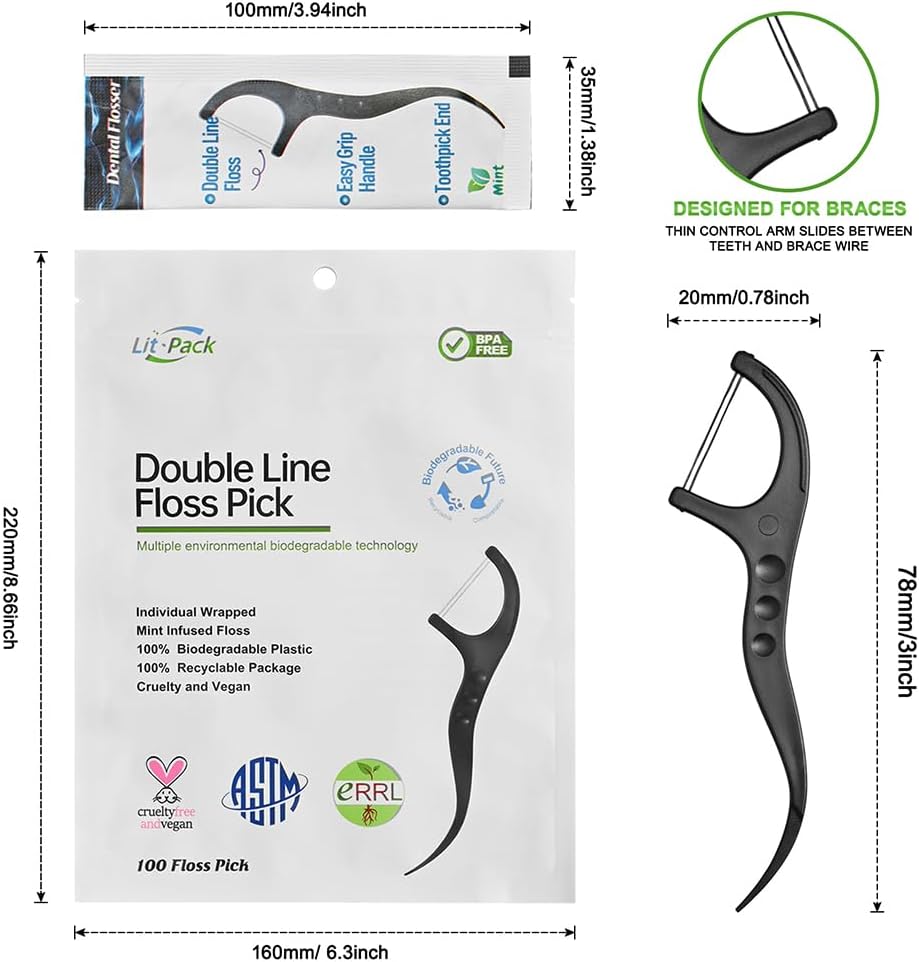 Individually Wrapped Double Line Dental Floss for Travel & Dental Hygiene, Biodegradable Oral Care Pick Mint Infused Eco Floss Floss Pick 200 Counts.