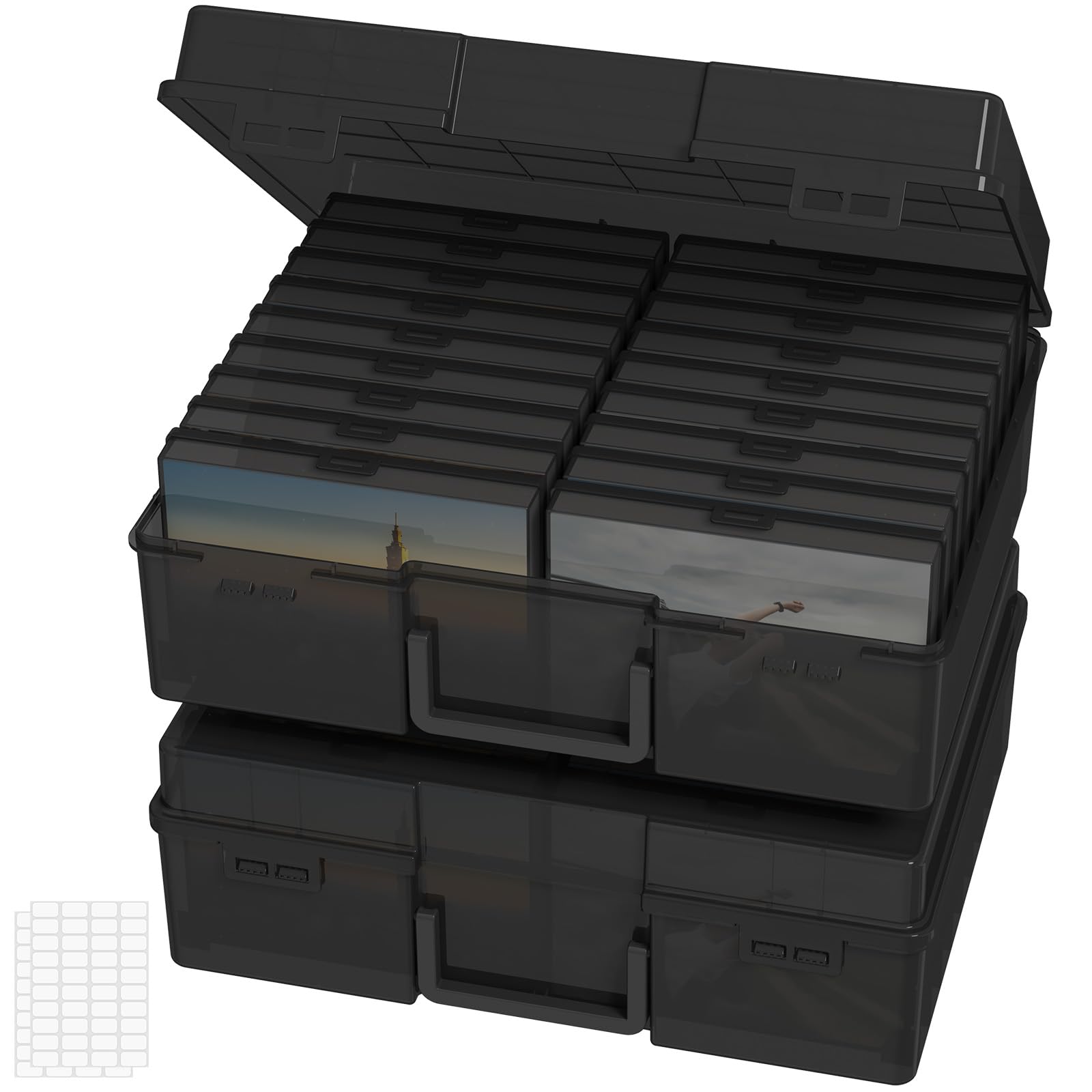 Lifewit 2 Stk. Fotoaufbewahrungsbox 10,1 x 15,2 cm mit Deckel, 18 innere Fotohalter, Schwarz Fotoboxen Foto-Organizer aus Kunststoff für Saatgut/Karten/Handwerk/Aufkleber, mit 1 Blatt Etikettensticker
