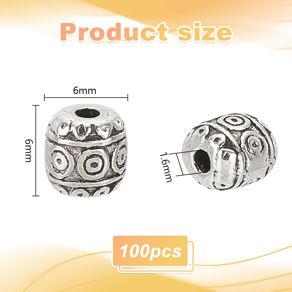 100pcs 6mm Tibetan Spacer Beads - Antique Silver Barrel Beads For Jewelry Making