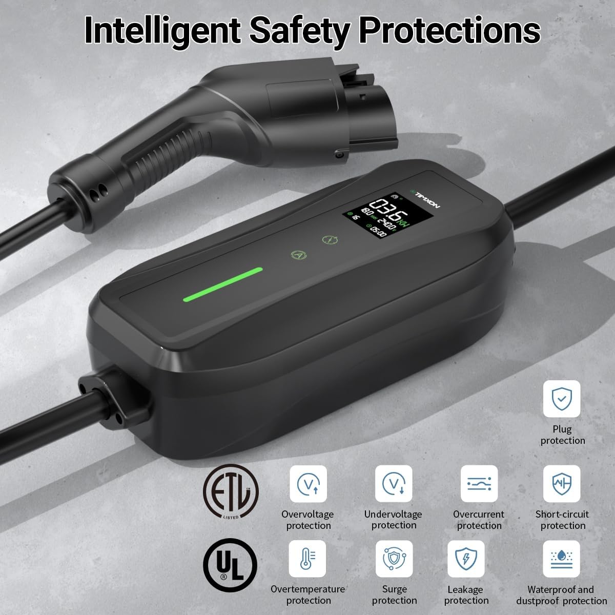 16A Level 1&2 EV Charger, ETL Certified Portable J1772 Electric Car Charger, Electric Vehicle Charging Station with 25FT Cord,120V/240V NEMA 6-20P Plug & 120V 5-15P Adapter for All J1772 EV Cars