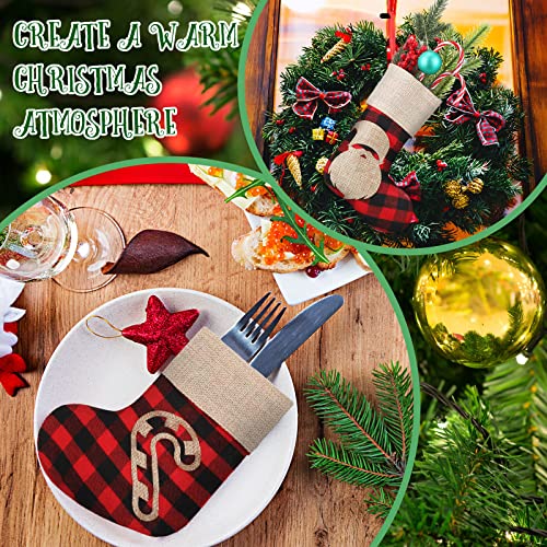 Mini Christmas Stockings 12 Pack Different Design 8 Inch Buffalo Plaid Red And Black Checked With Burlap Reindeer Snowflake Bell Cane Santa Snowman Xmas Party Gifts For Tree Decorations, Xmas Ornament #TOP6