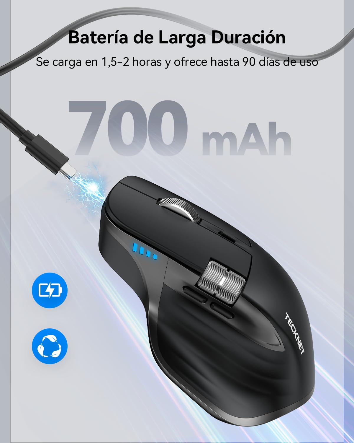 TECKNET Ratón Inalámbrico, 3 Modos (BT 5.3/5.0+2.4G) Recargable Ratón Bluetooth Silencioso con Rueda de Desplazamiento Lateral, 6 Niveles dpi Ajustables Compatible con Windows, macOS, PC - Negro