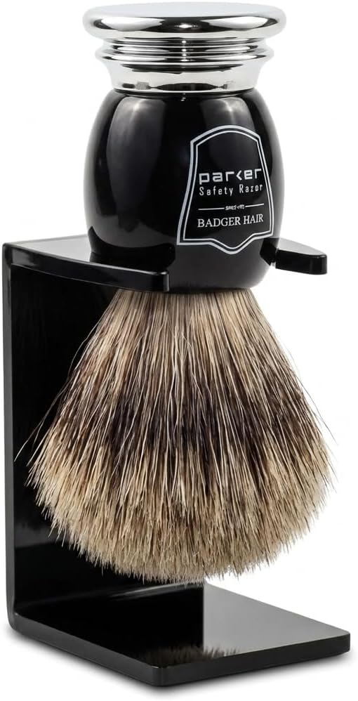 Parker Pure Badger Shaving Brush with Black & Chrome Handle + Stand | 22mm Kn...