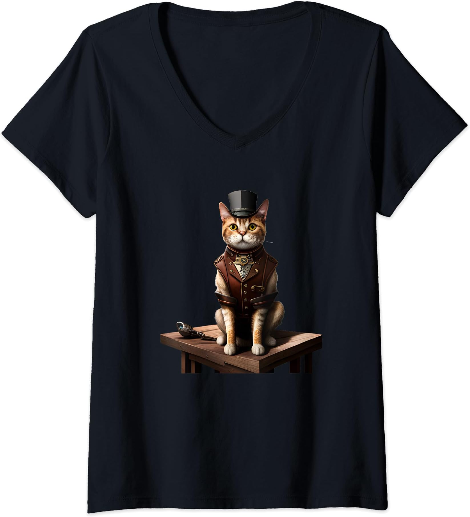 Steampunk Style Cool Ginger Cat - The EnchantiCat V-Neck T-Shirt