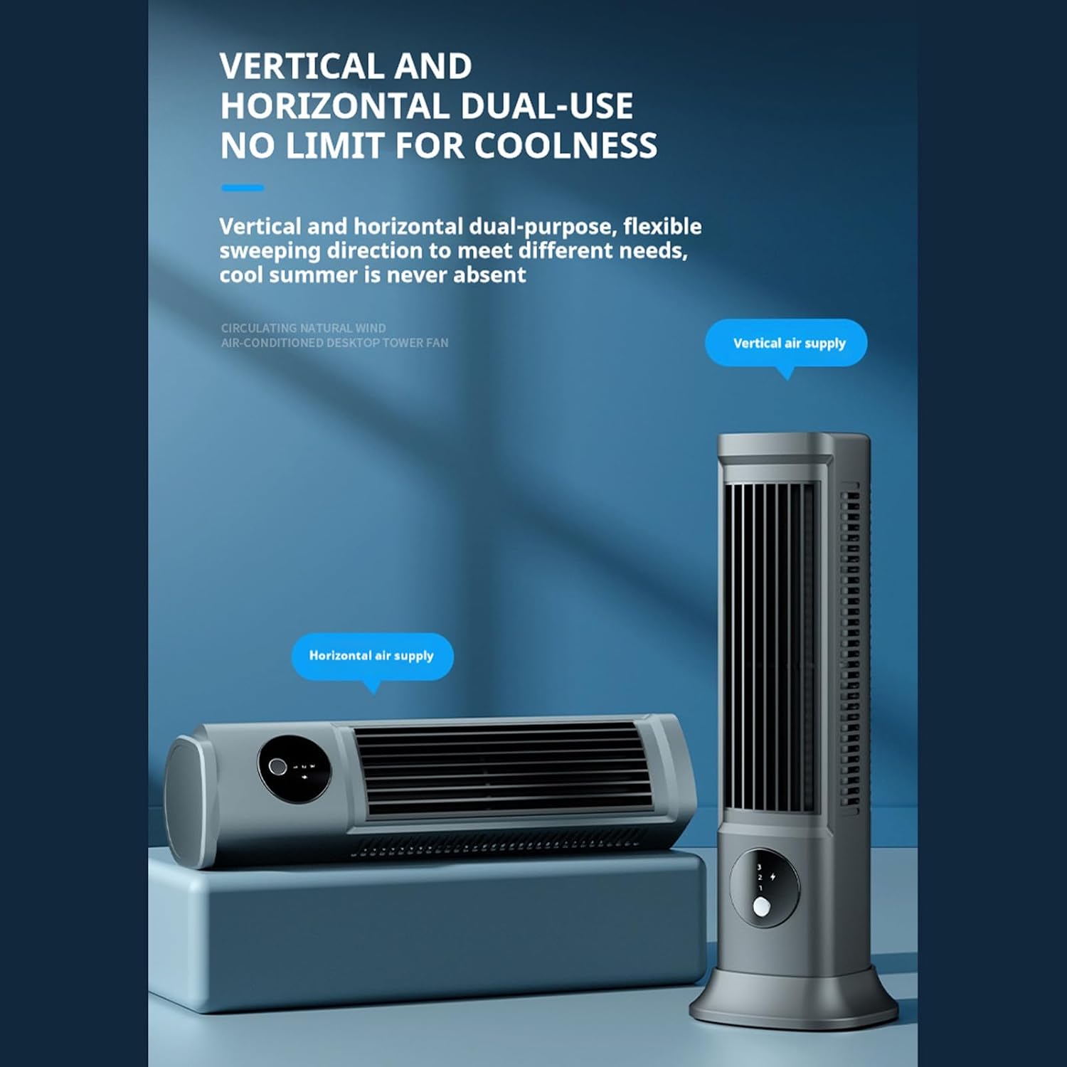 Windowless Portable Air Conditioners, 15" Cooling Fans that Blow Cold Air, Bladeless Tower Fan, Portable USB Bladeless Fans with Light, Quiet Cooling Fans for Indoor Home Bedroom Office Room (grey)