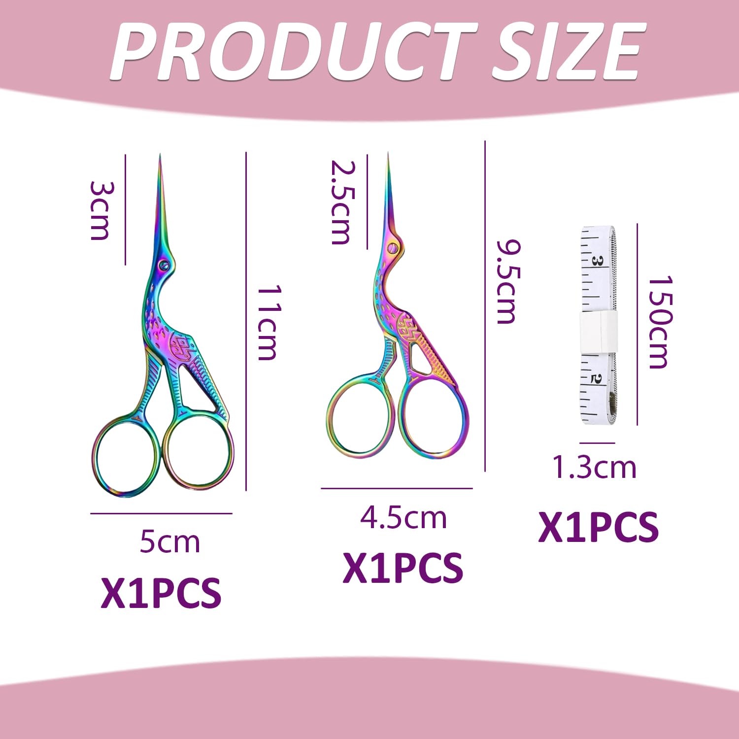 LSYYSL 2 Small Scissors, 1 Double-Sided Soft Ruler, Metal Stork Scissors, Colorful Embroidery Scissors, Multifunctional Scissors - Image 2