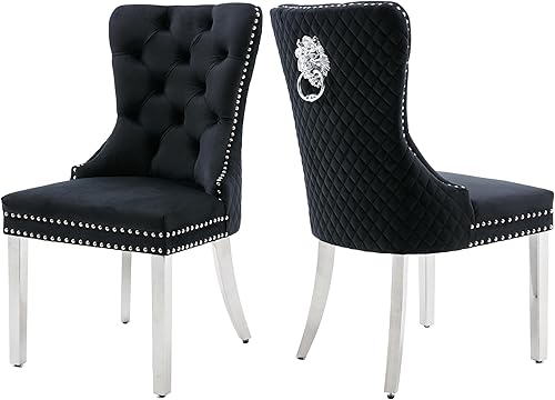 Miniatura 16 de Sillas de Comedor de Terciopelo Juego de 4, Colección Nikki Sillas de Comedor con Patas de Acero Inoxidable Dorado y Anillo Tirador de Cabeza de