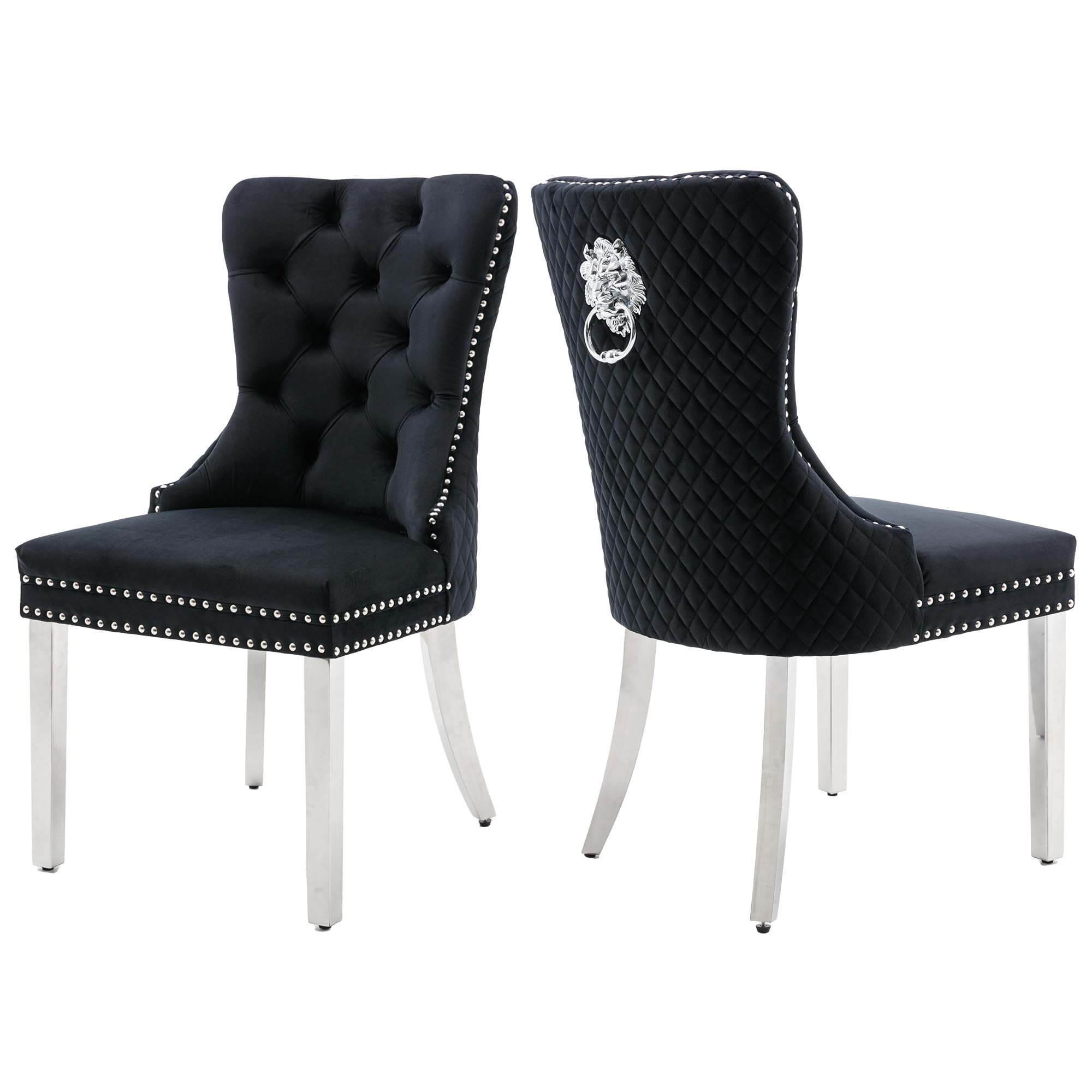 Homedraft Velvet Dining Chairs Set of 2, Nikki Collection Dining Room Chairs with Silver Stainless Steel Legs and Lion Head Pull Ring, Luxury Chair