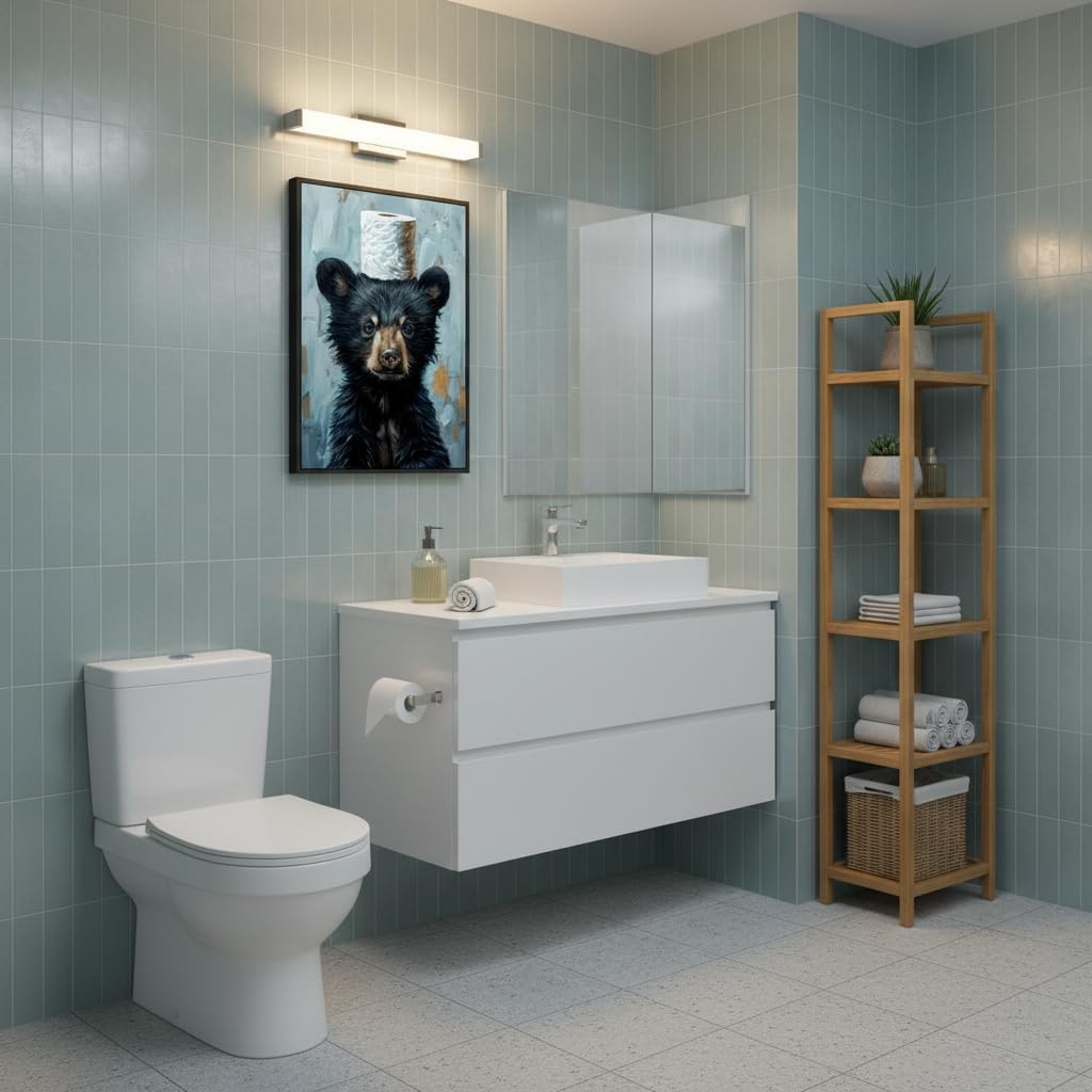 Black Framed Funny Bathroom Bear Canvas Wall Art, Black Bear with Paper Poster Print Artwork, Humor Animal Painting Picture Wall Decor, for Kids Restroom, Cabin, Bathroom, Home Decoration, 12x16in