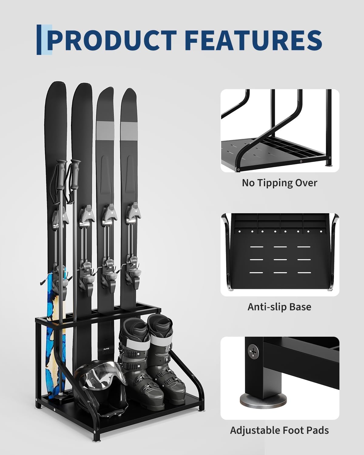 Support à Skis Autoportant Robust - Rack De Rangement Pour Équipement De Ski Avec Espace Pour Skis, Chaussures Et Casques - Organisateur Polyvalent Pour Garage Et Sous-Sol