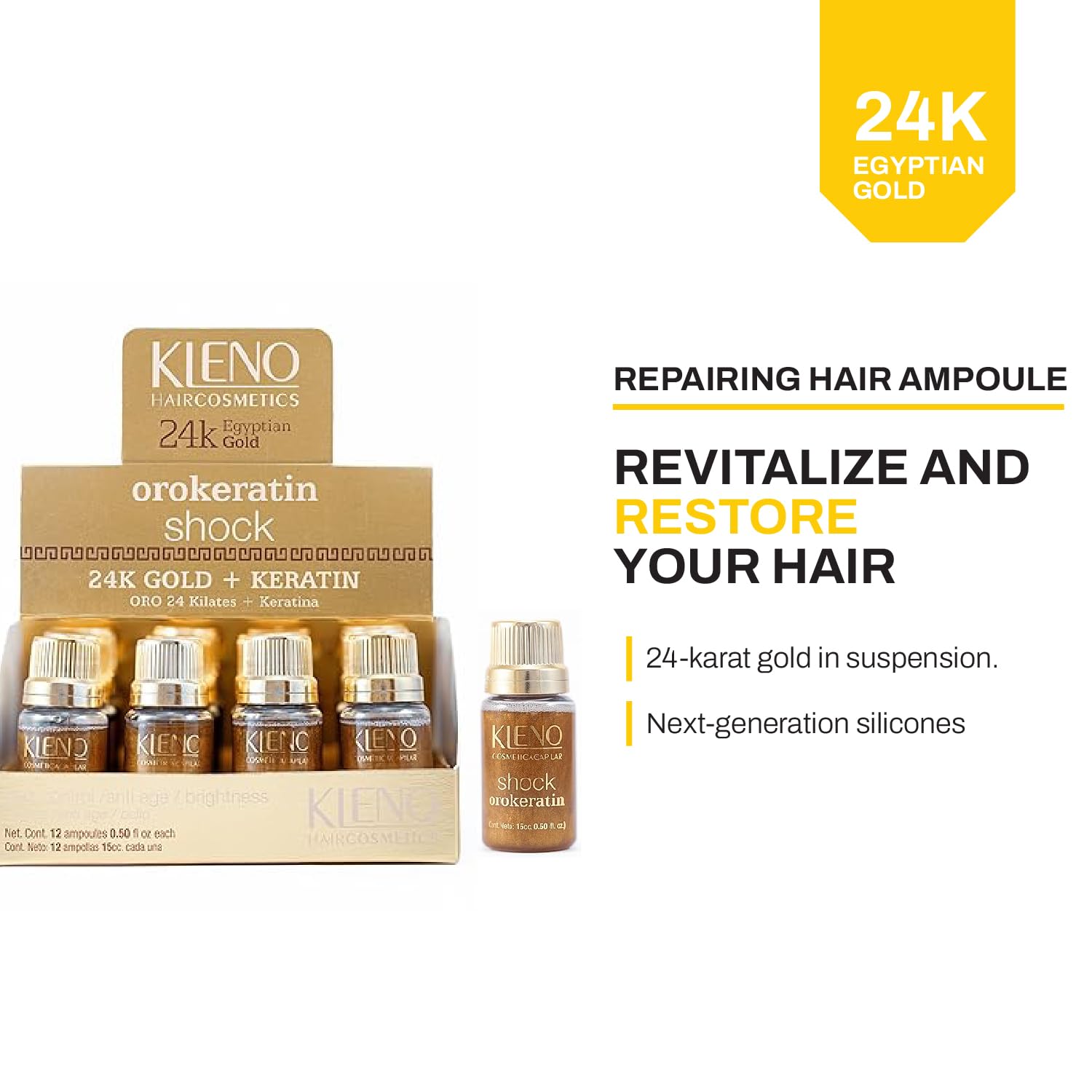 Kleno Shock OroKeratin 24K Gold + Keratin | 12 ampoules 0,50 fl Oz (15cc.)