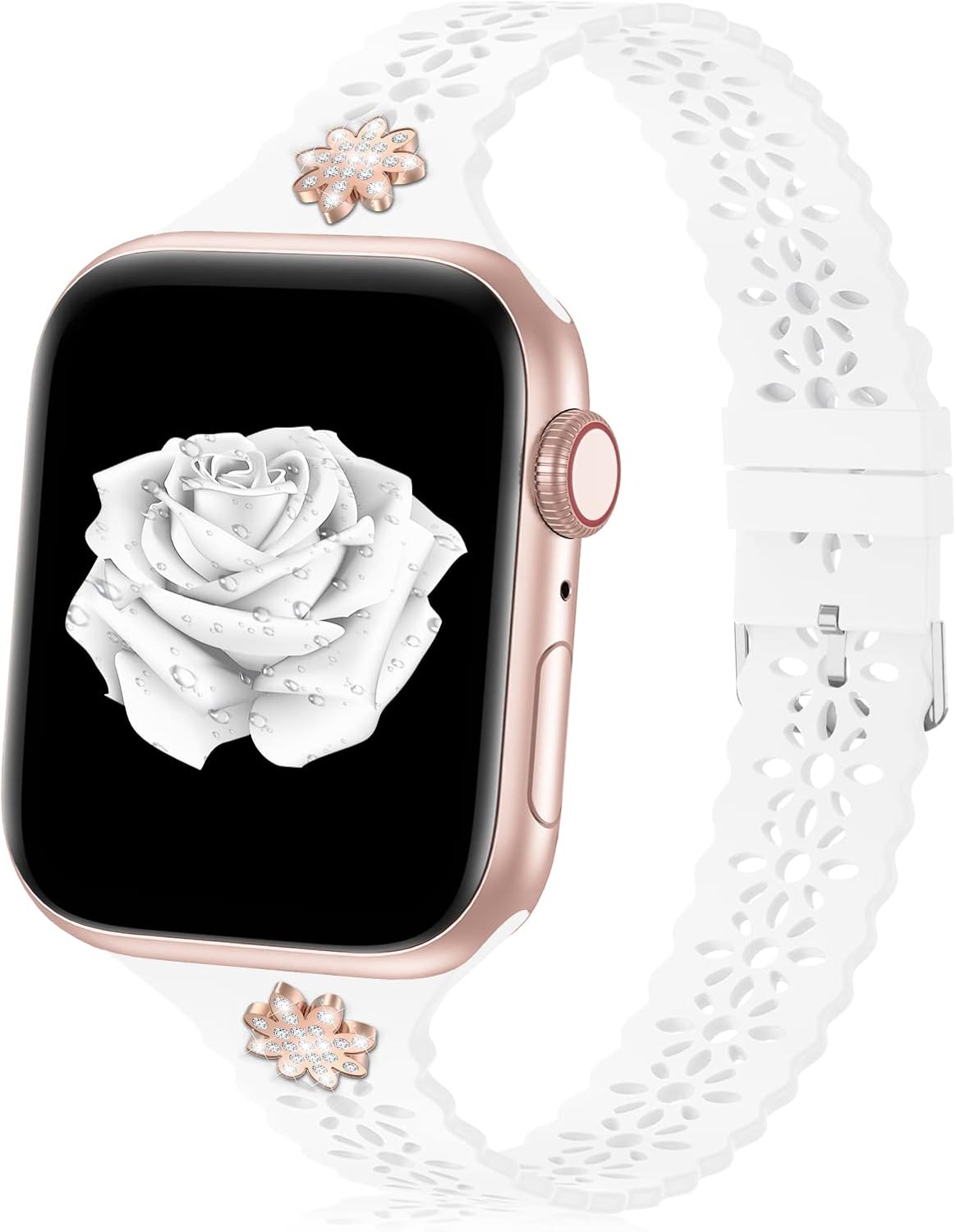 Aopigavi Lace Silicone Bands Compatible with Apple Watch Band Women 38mm 40mm 42mm 41mm 44mm 45mm,Slim Thin Bling Diamond Glitter Rhinestone Replacement Watch Bands for iwatch Series7/6/5/4/3/2/1/SE