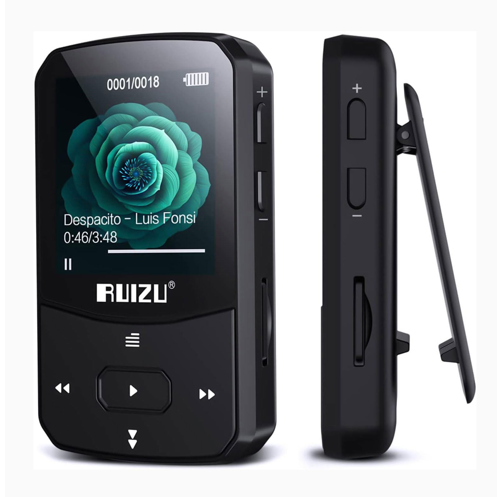 RUIZU 64GB Clip MP3 Player Bluetooth 5.3, Portable Music Player Voice Recorder for Sports Running, FM Radio, Pedometer, A-B Repeat, Audio Video, Shuffle Play, Support 128GB TF Card, Black