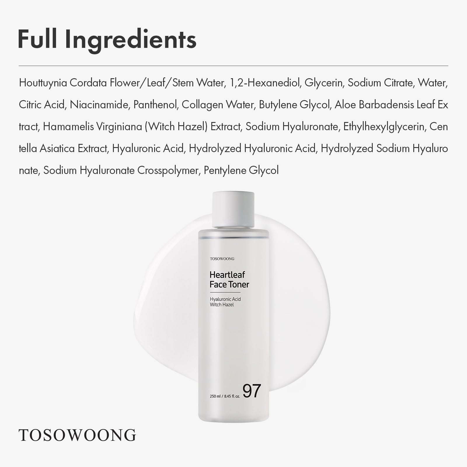 TOSOWOONG Tonico Viso alla Houttuynia Cordata con 970.200 ppm di Acqua di Heartleaf, Centella, Acido Ialuronico, Hamamelis, Idratante e Lenitivo, Skincare Coreana, 250ml