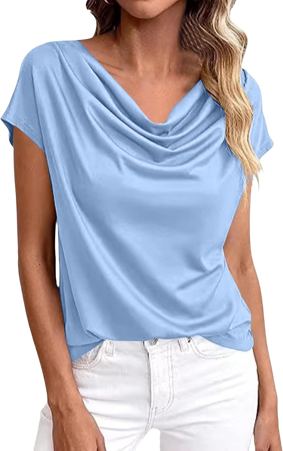 Women's Summer Short Sleeve Business Casual Tops 2026 Cowl Neck Knit Shirts Spring Work Dressy Blouses