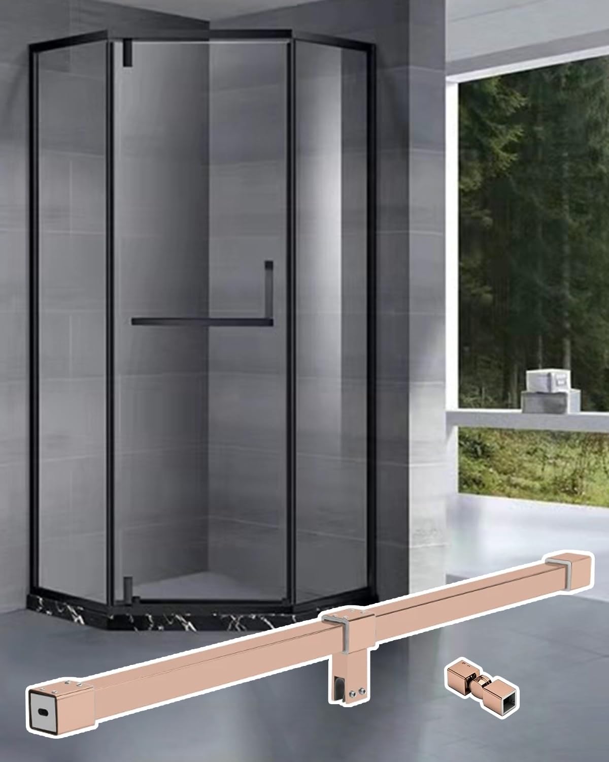 360° Rotation Shower Glass Support Bar 12 24 30 55 65 inch, Flexible Shower Screen Reinforce Arm Cuttable, Badroom Vitreous Fixed Clamp(Rose Gold,115cm/45in)