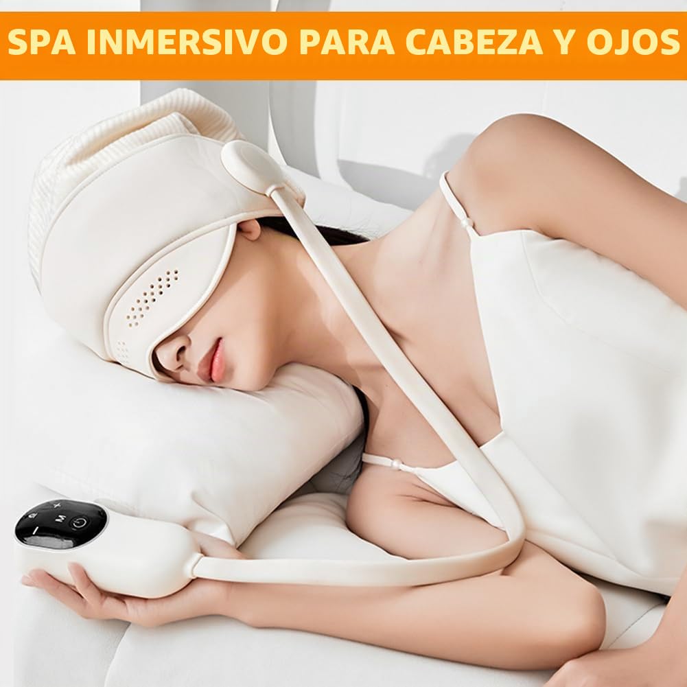Masajeador eléctrico de cabeza con 6 zonas de presión de aire y calor ocular (38-50 °C), masajeador de cabeza eléctrico alivia dolores de cabeza/estrés, masajeador de cabeza con 3 modos para un mejor