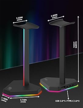 RGBヘッドフォンスタンド USB-Cデータ転送1個&Type-C充電ポート3個付き デスクゲームヘッドセットホルダー 7つのライトモードと滑り止めラバーベース ブラック