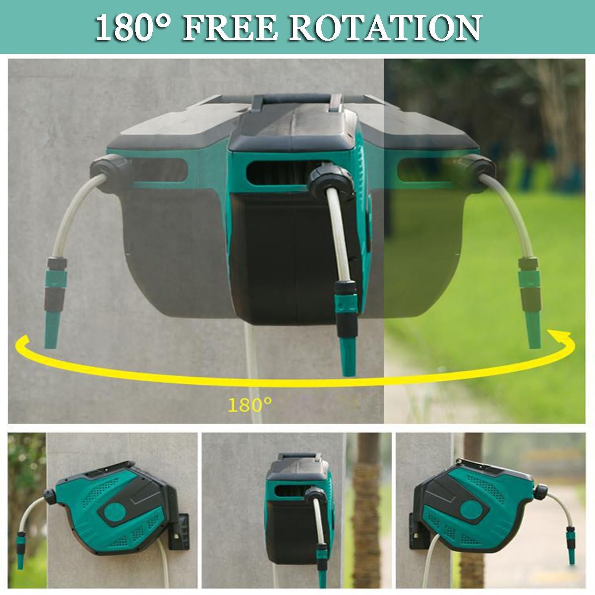 Avvolgitubo retrattile da giardino, montaggio a parete, con riavvolgimento automatico, girevole a 180°, con manico e 2 ugelli