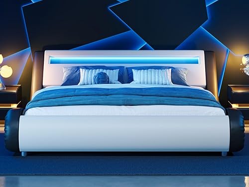 Miniatura 37 de WEEWAY Base de cama moderna tamaño Queen con cabecera de luces LED RGBW, diseño de trineo tapizado de perfil bajo, soporte de listones de madera