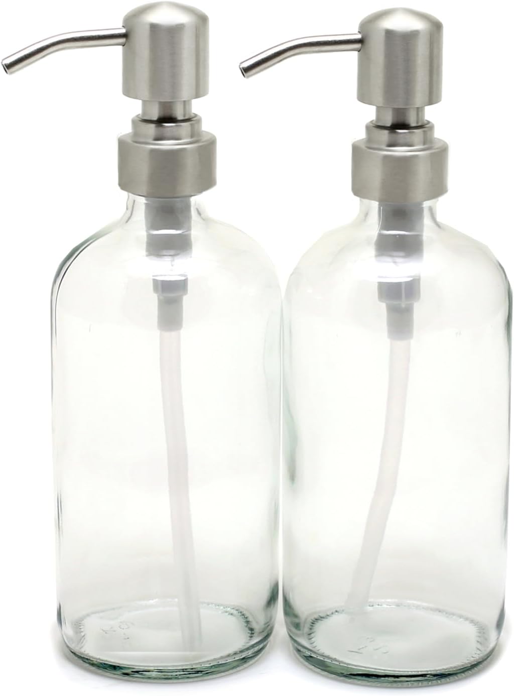 Vivaplex, 2, Large, 16 oz, Empty, Clear Glass Bottles with Stainless Steel, Lotion Pumps