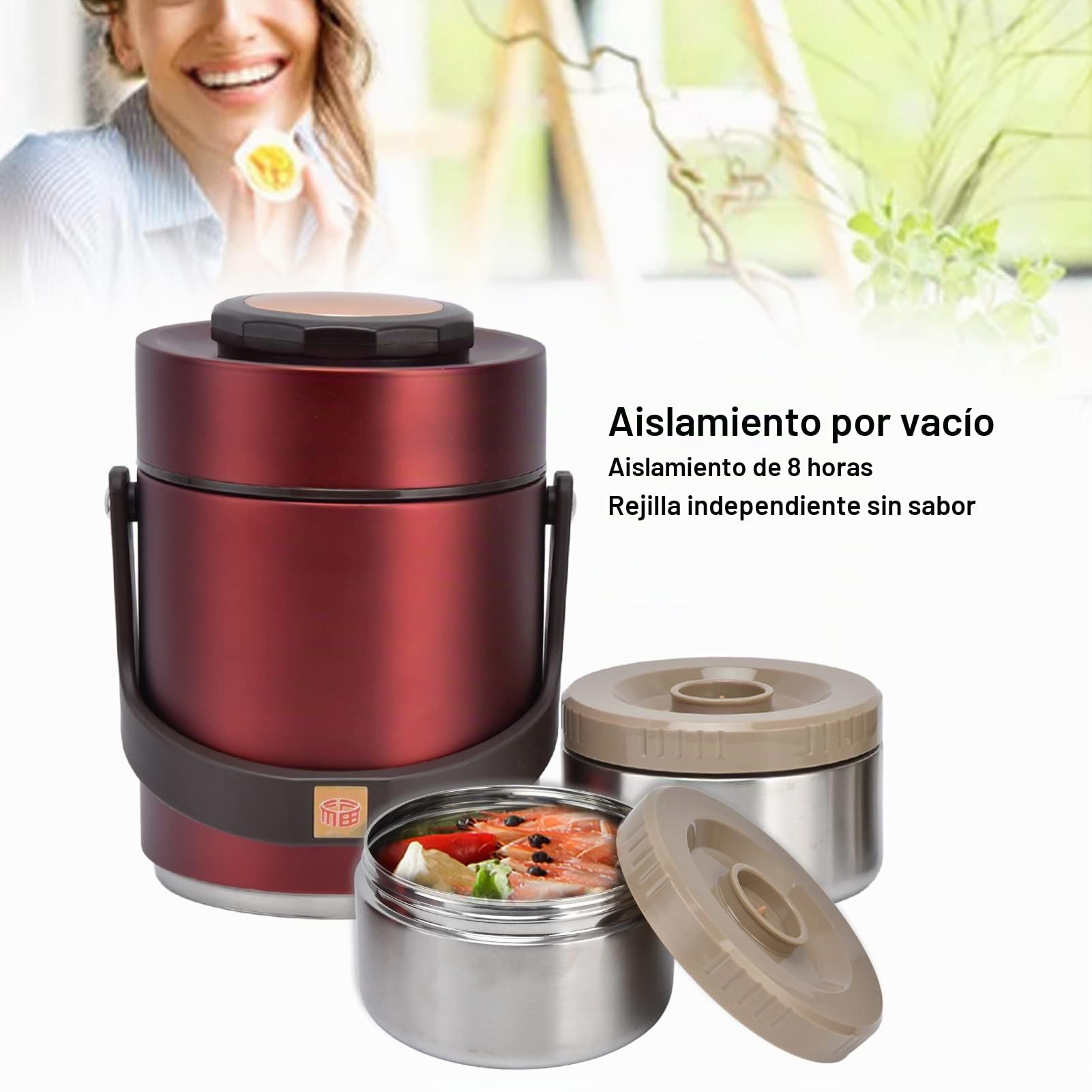 Tarro de Comida Aislado, Fiambrera Portátil de Acero Inoxidable con Tecnología de Doble Pared, 1.5 L, 3 Niveles, con Bolsa de Almuerzo, para Adultos y Estudiantes