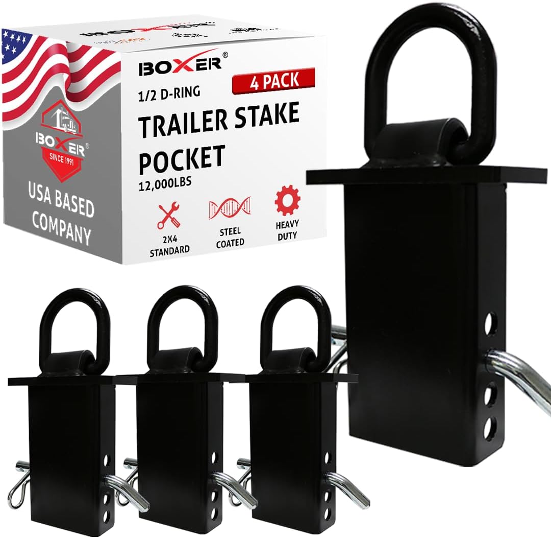 Boxer Heavy Duty Stake Pocket Tie Down Accessories - ½” D Ring with Hitch Pin - for Flatbed Trucks and Utility Trailers 4 Pack