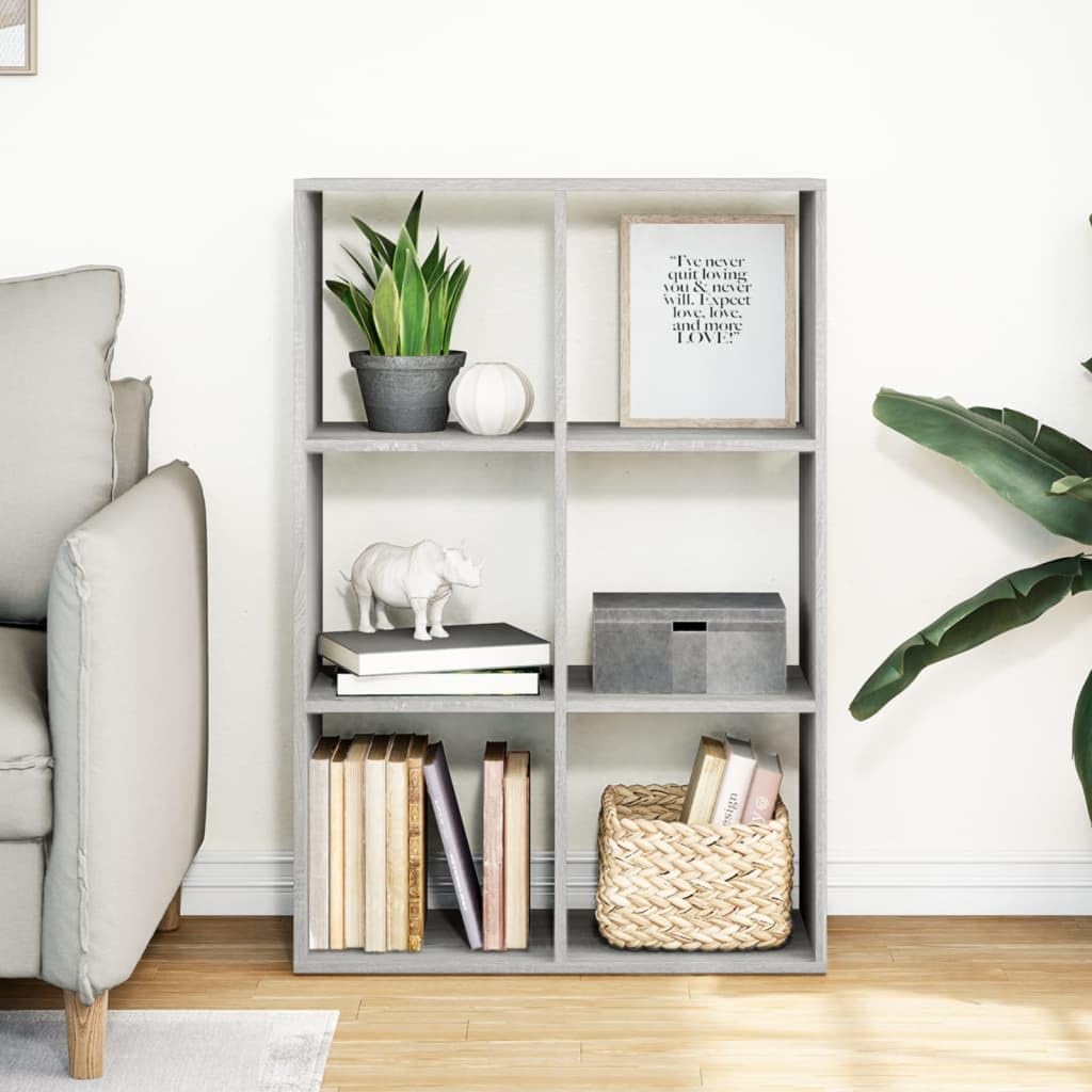 Scaffale divisorio per libri, scaffale modulare a 6 scomparti, scaffale a cubo per soggiorno e ufficio, in legno, grigio sonoma, 69,5 x 29 x 103,5 cm