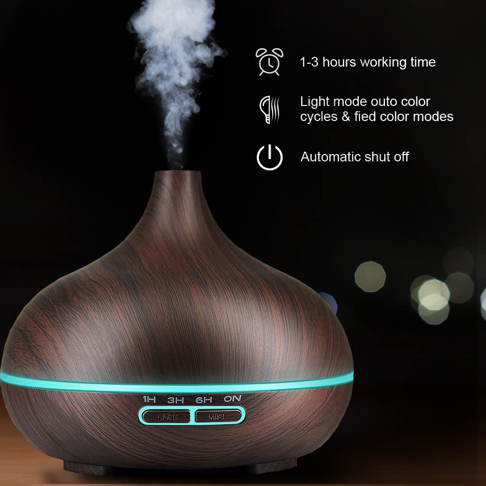 400ML Sypialnia Elektryczny Nawilżacz Aromaterapii Wood Grain z 7 Kolorami LED Light Cichy Bezwodny Dyfuzor Aromaterapii Dyfuzory Oleju Zapachowego (Czarny)