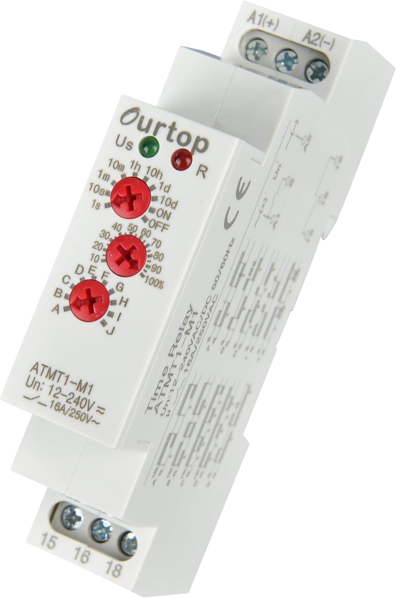 16A Multifunction Timer Relay with 10 Function Selections, 0.1 sec-10 Days, Delay Time Relay DIN Rail Mount Type (M1 AC/DC 12V-240V)