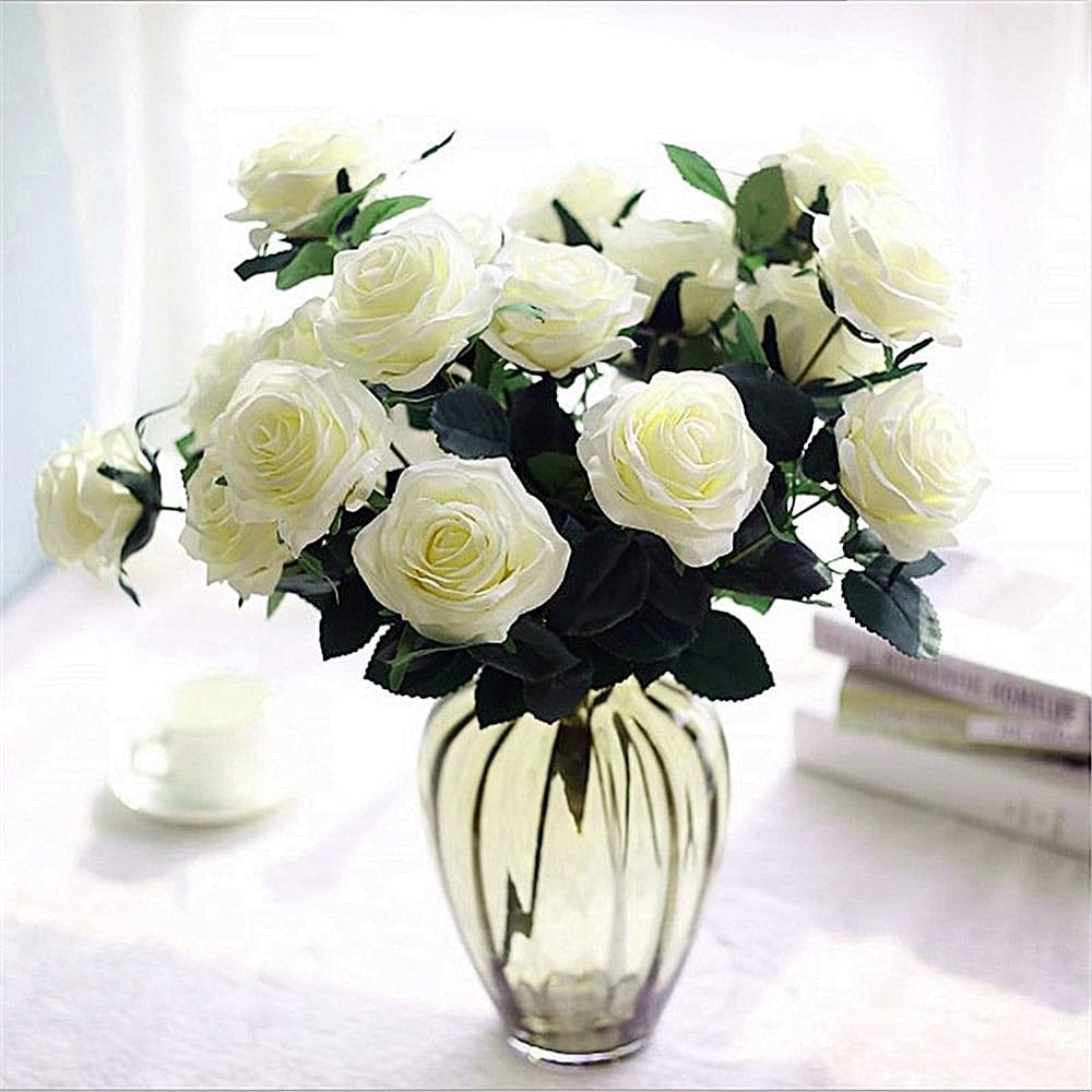 Jasion Artificial Roses 10 Heads 2.8" Flowers Arrangement Silk Bouquet for Home Office Parties Bridal Wedding Decoration (White)