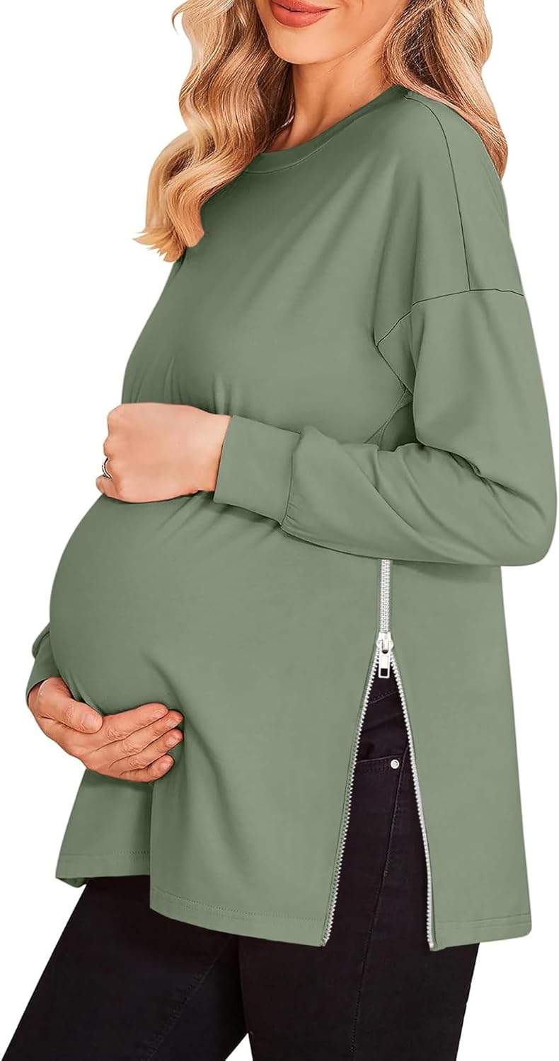 Women's Maternity Shirts Long Sleeve Sweatshirt Zipper Split Side Pregnancy Casual Tunic Top