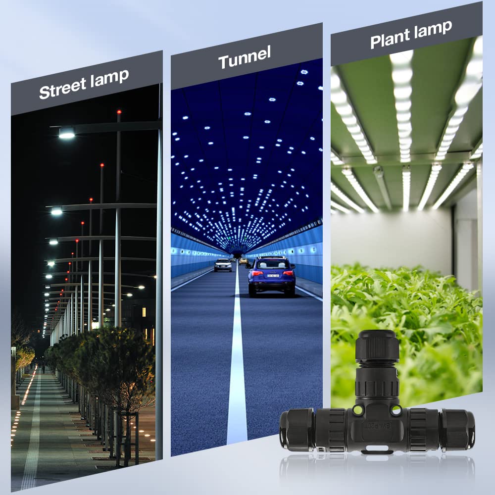 T-Type Quick Wire Connector with Screw Free IP68 Waterproof Junction Box, Three-Way Cable Extension Cable Connector UL TUV SAA CE ROSH Certification (3Pin, 4pack)