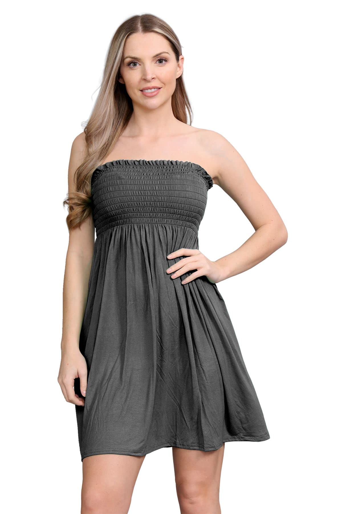 Janisramone Women's Charcoal Janisramone® Bandeau Dress, Boob Tube Sheering Ruched Flared Mini Dress, Plain Strapless Summer Dresses, Perfect Holiday & Beach Dresses For Uk