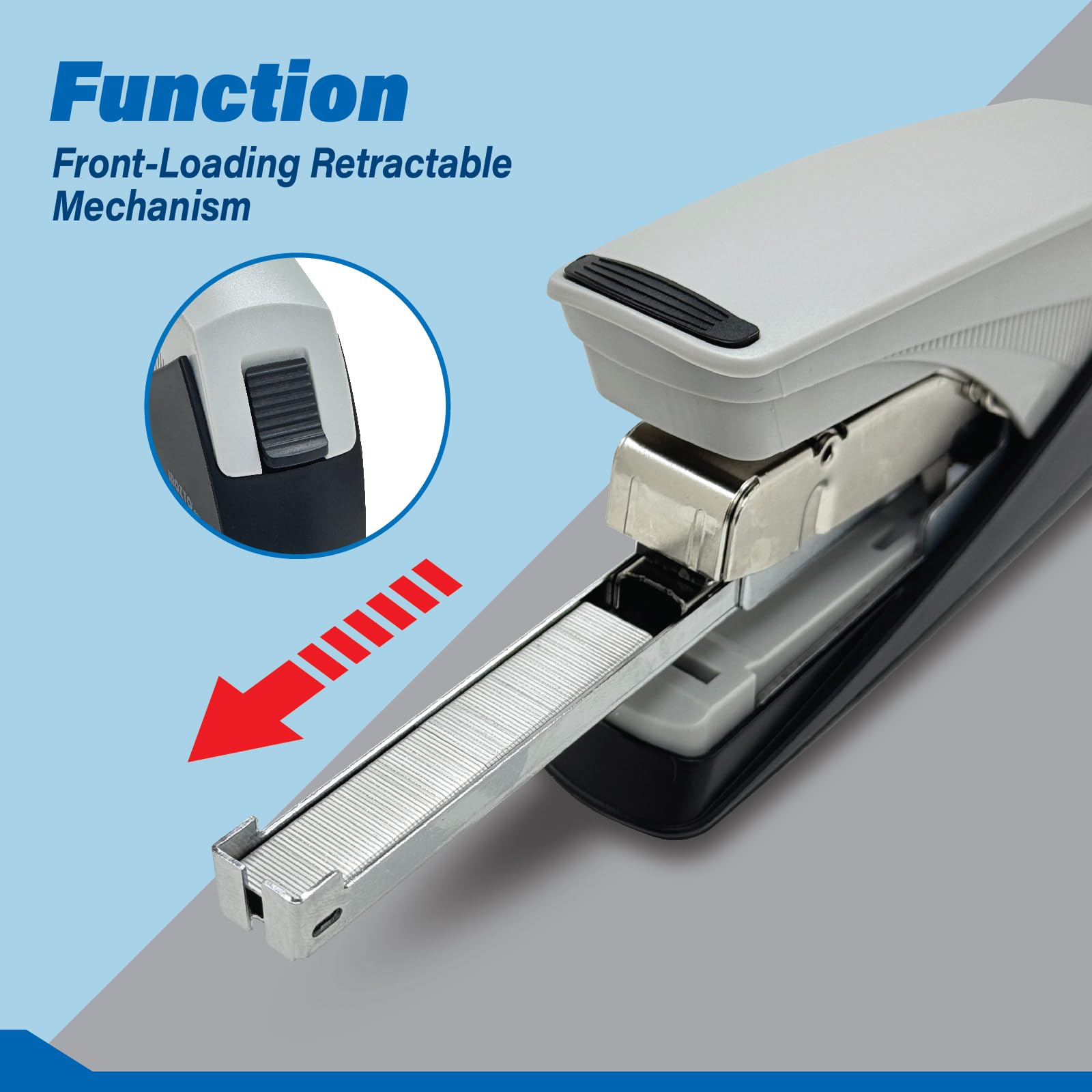 Easy-Flat Heftgerät: Heften Sie mühelos 20-25 Blatt mit 50% weniger Kraft. Eigenschaften Flat Clinch Tech, Anti-Rutsch-Basis und benutzerdefinierte Logo-Option. Robustes Stahl/ABS-Design