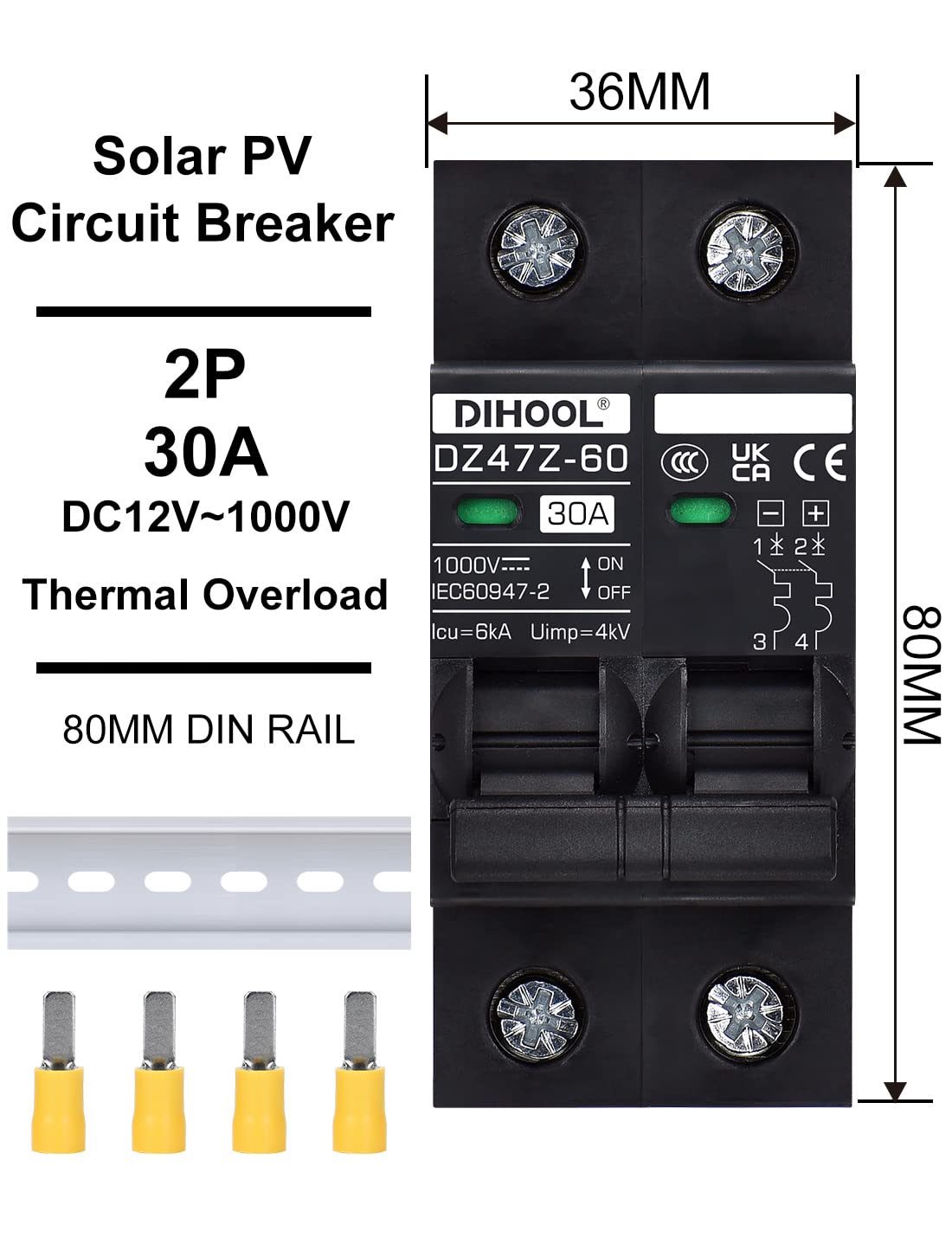 DIHOOL Wyłącznik 1000VDC Solar PV Bezpiecznik fotowoltaiczny automatyczny (DC1000V,2 Pole,30 Amp)