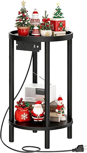 HOOBRO Mesa auxiliar redonda pequeña con estación de carga, mesa auxiliar redonda de bambú de 2 niveles, mesa de noche compacta para espacio