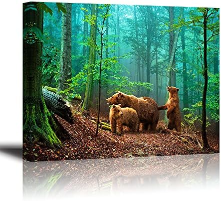 Brown Bear Wall Art for Kids Room, PIY Cute Animal Canvas Painting of Mother and Cub in Old-Growth Forest Picture, Adorable Family Wildlife Decor (1" Thick, Waterproof, Bracket Mounted Ready to Hang)