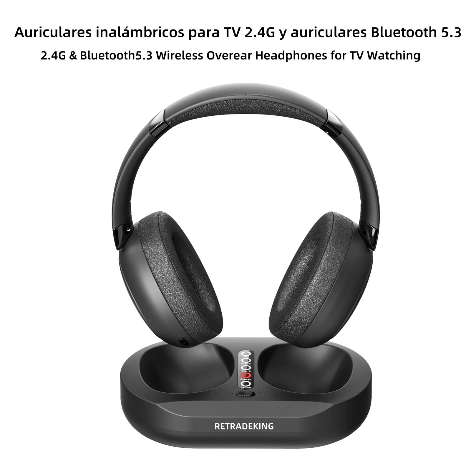 Auriculares Inalámbricos para TV, Auriculares para TV con Base de Carga para Transmisor, Cascos Supraurales para TV para Personas Mayores, Cascos Bluetooth con 50 Horas de Duración, Negro